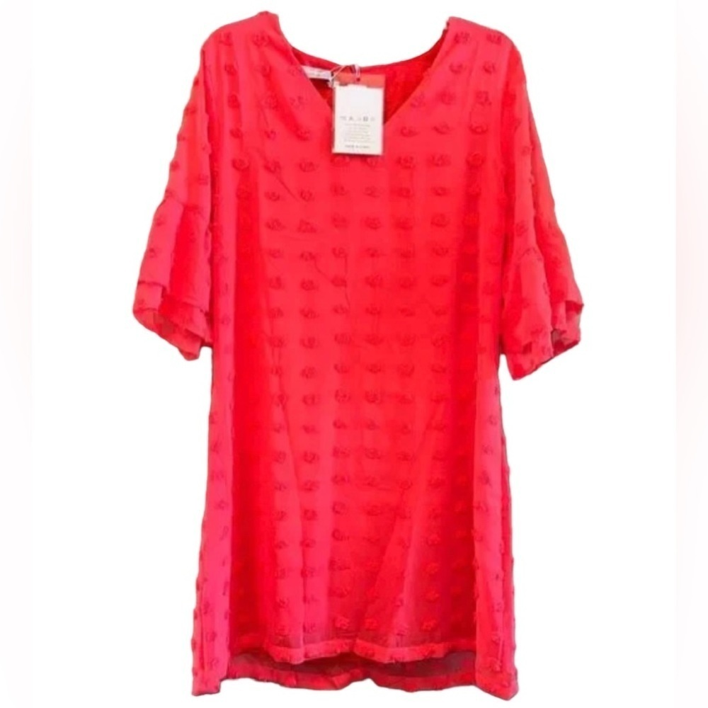 NEW Belongsci Bright Coral Swiss Dot Ruffle Sleeve Mini Dress Size Large - Picture 1 of 16